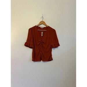 NWT Madewell Rust Orange Button Front Ruffle Sleeve Ruched Blouse | Size 2